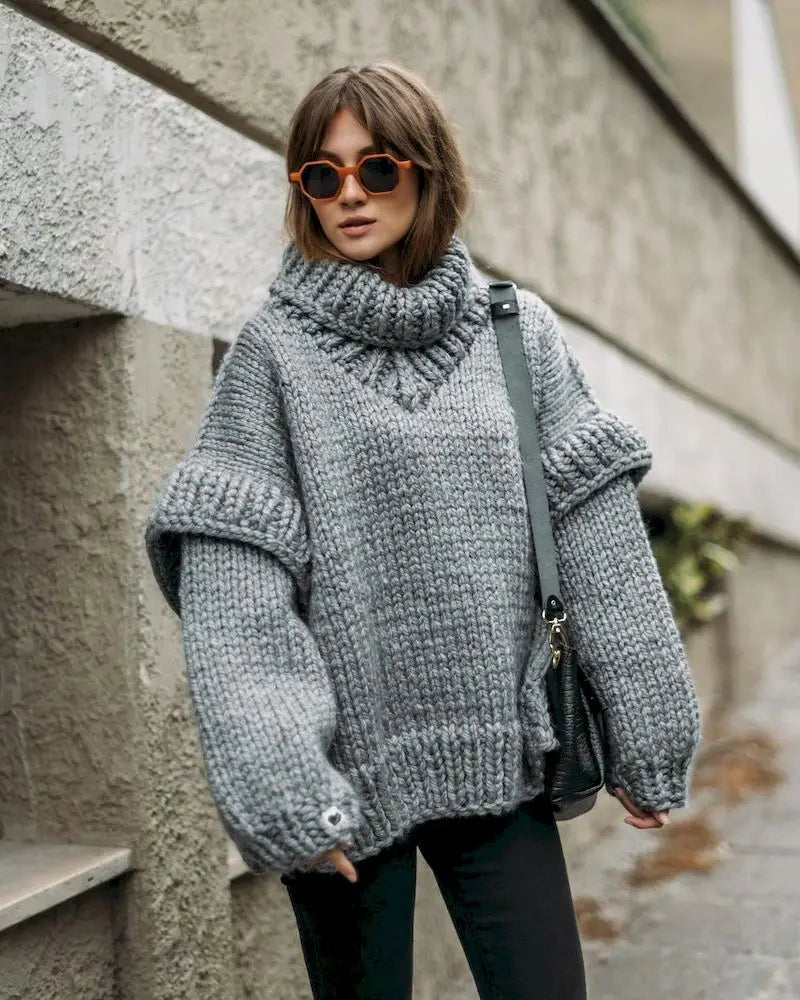 High Street Fashion Women 2024 Autumn Elegant Solid Flying Sleeve Loose Winter Warm Sweater