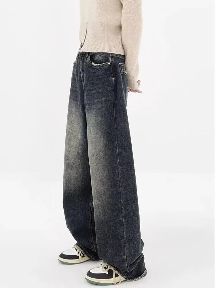 Amy Fashion - High Waisted Wide Leg Slim Ruffled Street Mop Jean