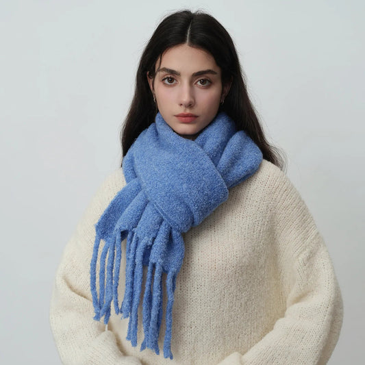 Glacier Blue Knitted Wool Scarf with Tassels for Women