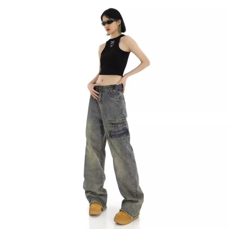 Amy Fashion - Unique Design Straight Pocket Floor Long Retro High Waisted Workwear Summer Women's Jean