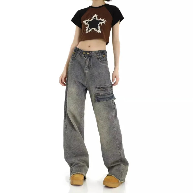 Amy Fashion - Unique Design Straight Pocket Floor Long Retro High Waisted Workwear Summer Women's Jean