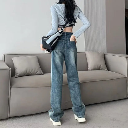 Amy Fashion - INS Zipper Versatile Japanese Washable New Style Spring And Autumn Natural Waist Wide Leg Fashion Jean