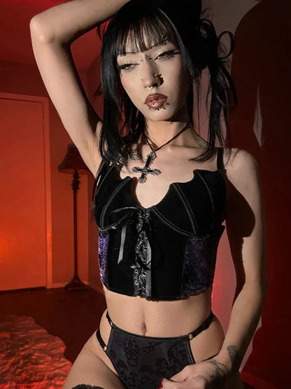 Crop Backless Bandage Sleeveless Cup Suspender Top Bat Gothic Chest