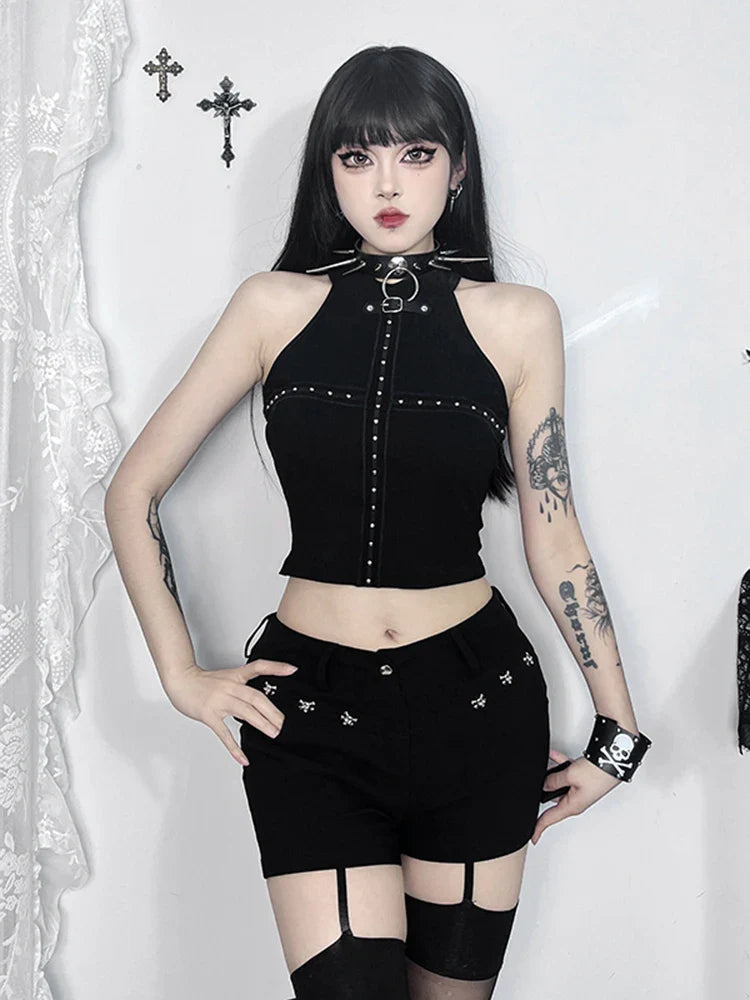 Gothic Sleeveless Sexy Harajuku Darkness Knit Summer Crop Bodycon Top Halter Black Punk