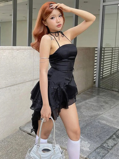 Cap Strapless Pleated Top Ruffle Tube Dress Hem Swing Sleeveless Neck Halter A-Line