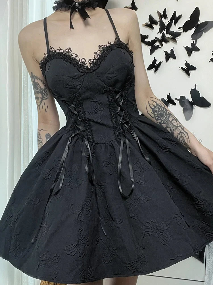 Line A Party Up Neck Lace Grunge Fairy Rose Summer Goth Print Backless V Dress