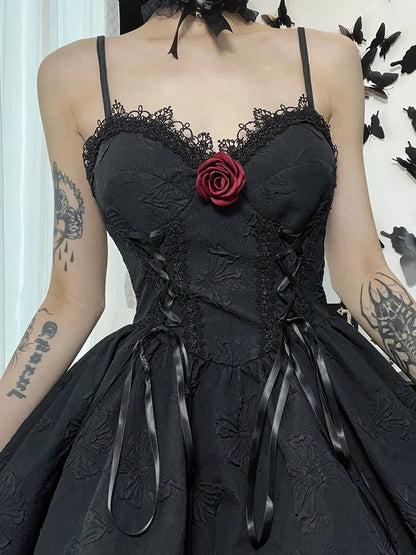 Line A Party Up Neck Lace Grunge Fairy Rose Summer Goth Print Backless V Dress