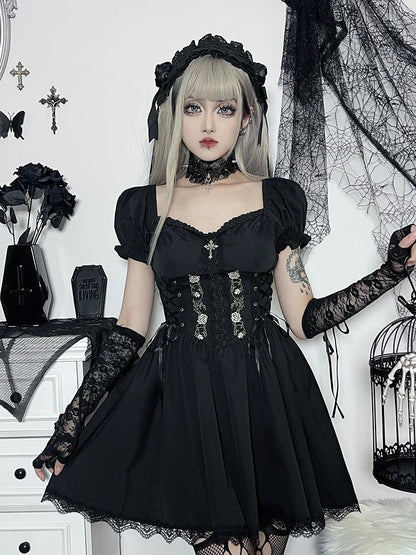 Streetwear Harajuku Y2K A-Line Summer Dress Grunge Swing Lolita Retro Lace Trim Hem Pleated