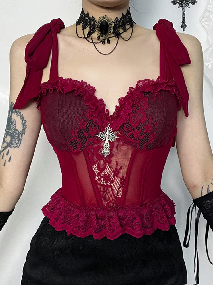 Gothic Strap Crop Camisole Top Corset V Lace Floral Neck Adjustable Mesh