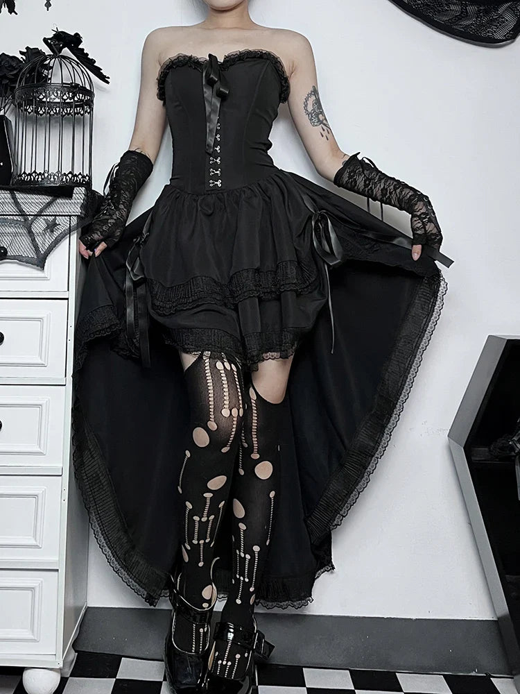 Gothic Swing Bodycon Evening Sleeveless Lace Trim Low Dress Hi Strapless Corset