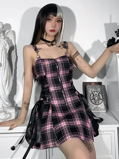 Sexy High Aesthetic Mall Zipper Grunge Party Emo Mini Spaghetti Strap Goth Waist Dress Plaid Punk