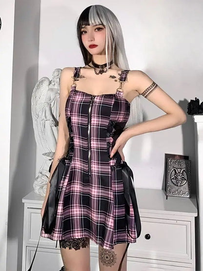 Sexy High Aesthetic Mall Zipper Grunge Party Emo Mini Spaghetti Strap Goth Waist Dress Plaid Punk