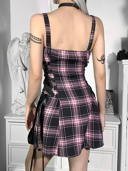 Sexy High Aesthetic Mall Zipper Grunge Party Emo Mini Spaghetti Strap Goth Waist Dress Plaid Punk