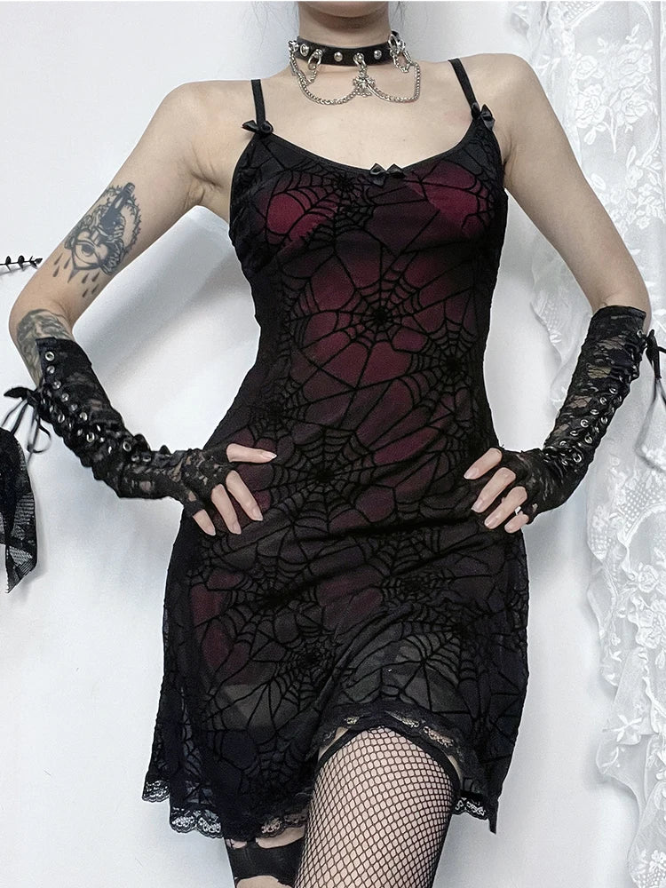 Gothic Cami Lace Contrast Lace Stretch Dress Strap Spider Web Grunge Print Spaghetti