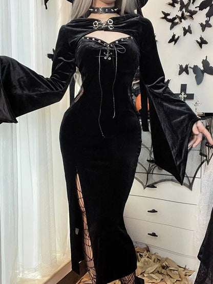 Long Velvet Cutout Lace-up Suit Party Dress Lace Dress Slit With Hat High Sleeve Long Through Button See