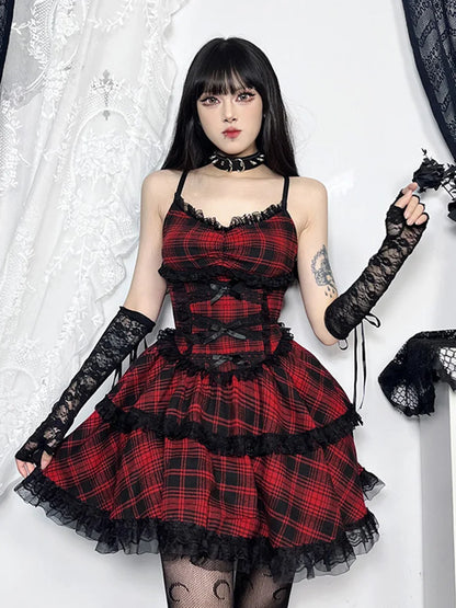 Black Party A-Line Backless Emo Grunge Plaid Goth Punk Dress Mall Lace Dress Mini Up