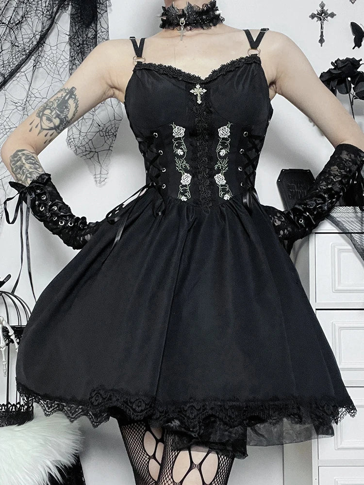 High Gothic Up Party Punk Trim Dress Lace Sexy Neck Waist Lace Black V Y2K Grunge