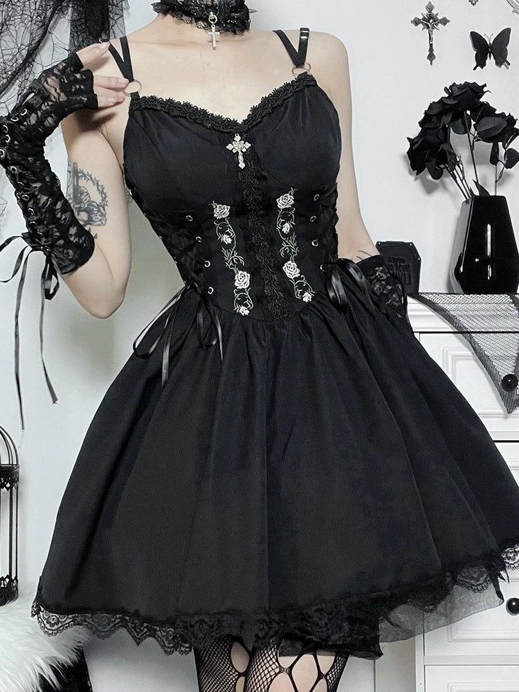 High Gothic Up Party Punk Trim Dress Lace Sexy Neck Waist Lace Black V Y2K Grunge