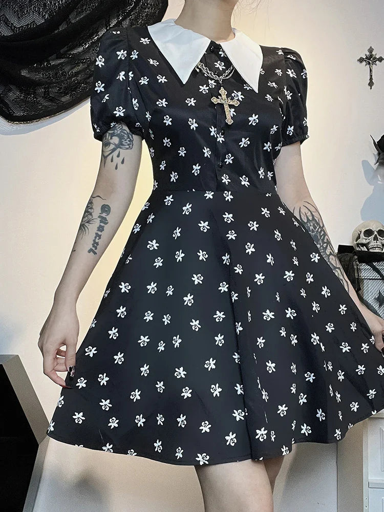 Bodycon Swing Down A-Line Print Cloak Dress Short Sleeve Collar Turn Gothic Punk