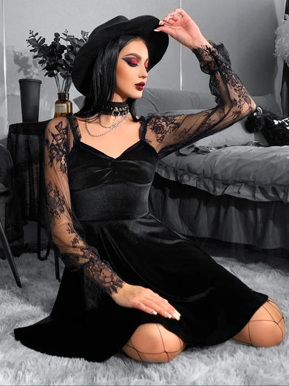 Dress Twisted Sleeve V Velvet Goth 40s Lantern 50s Backless Neck Lace Retro Bodycon