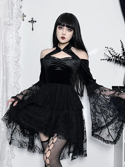 Mesh Party Cosplay Lace Cocktail Off Sleeves Vintage Dress Gothic Shoulder Long Halloween Velvet