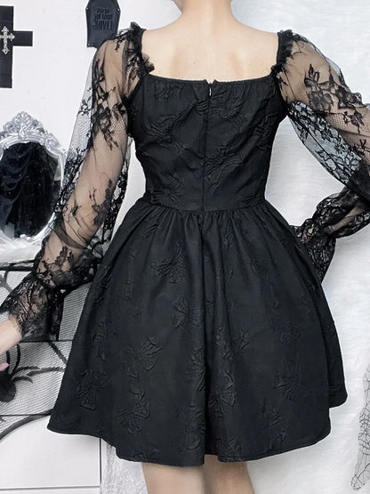 Harajuku Waist Vintage Sexy Party Dark High Dress A-Line Gothic Jacquard Lace Lolita Sleeve Grunge