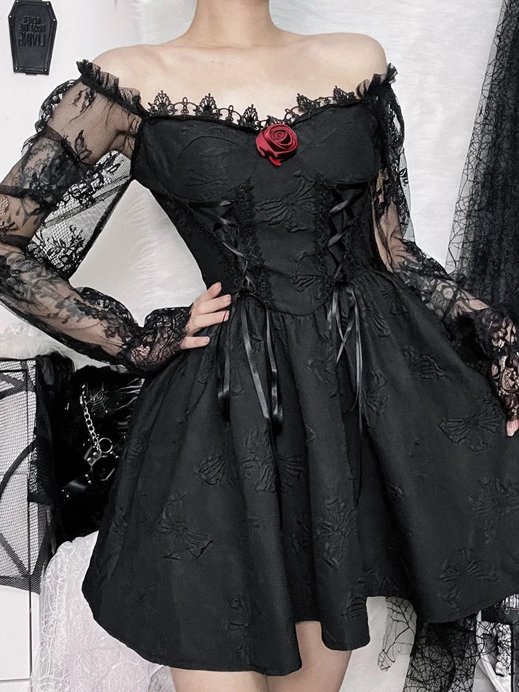 Lolita Harajuku Jacquard High Sexy Waist A-Line Lace Grunge Party Vintage Dark Dress Gothic Sleeve