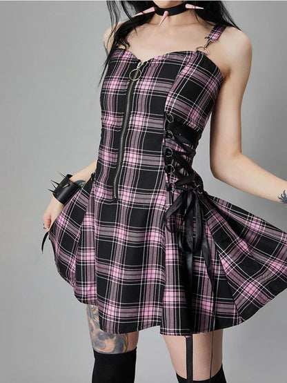 A-Line Vintage Y2K Fashion Aesthetic Bandage Zipper Sleeveless Plaid Harajuku Dress Punk