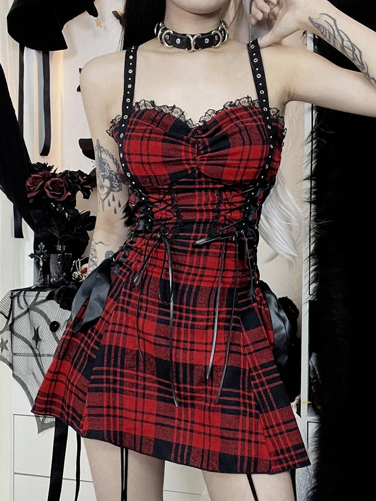 Lolita Pleated Y2K Mini Street Fairy Dress Lace-Up Grunge Plaid Red Tube Goth Eyelet Corset