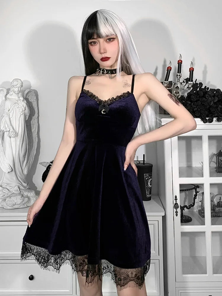 A-Line Strap Moon Colorful Velvet Sleeveless Trim Lace Corset Pendant Waist-in Dress Backless Spaghetti