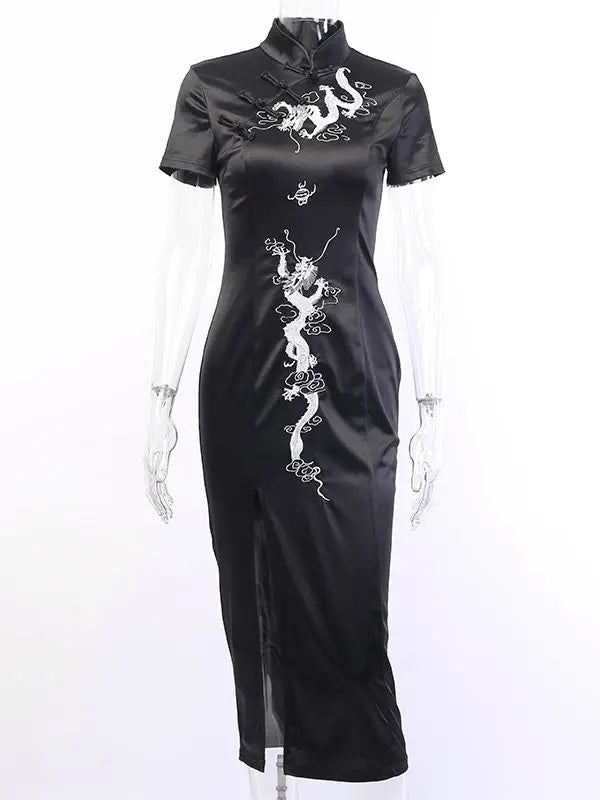 Women's Collar Side Retro Embroidery Cheongsam Dress Qipao Stand Slit Evening Dragon