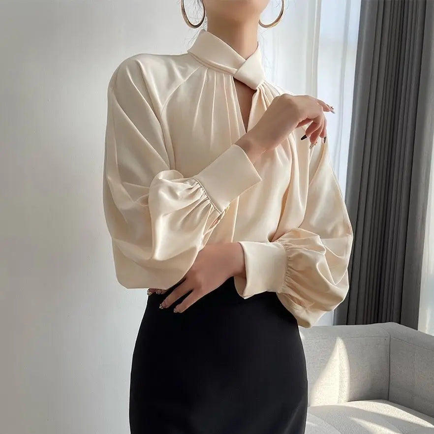 Irregular Ladies Solid Color Temperament Pleated Stand Collar Blouse