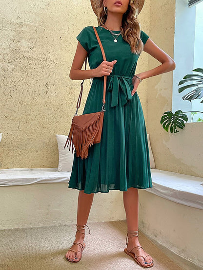 Amy Fashion - Casual Beach Sundress Short Sleeve Pleated Midi Dress