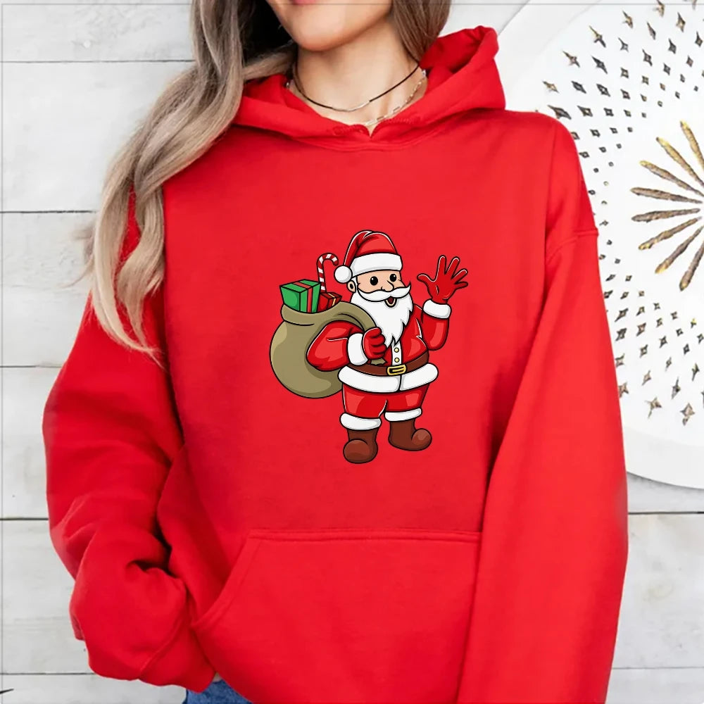 Santa Claus Cartoon Print Long Sleeve Christmas Hoodie