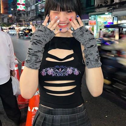 Crop Top Grunge Goth Sexy Harajuku Out Mall Hollow Aesthetics Y2K Fairycore