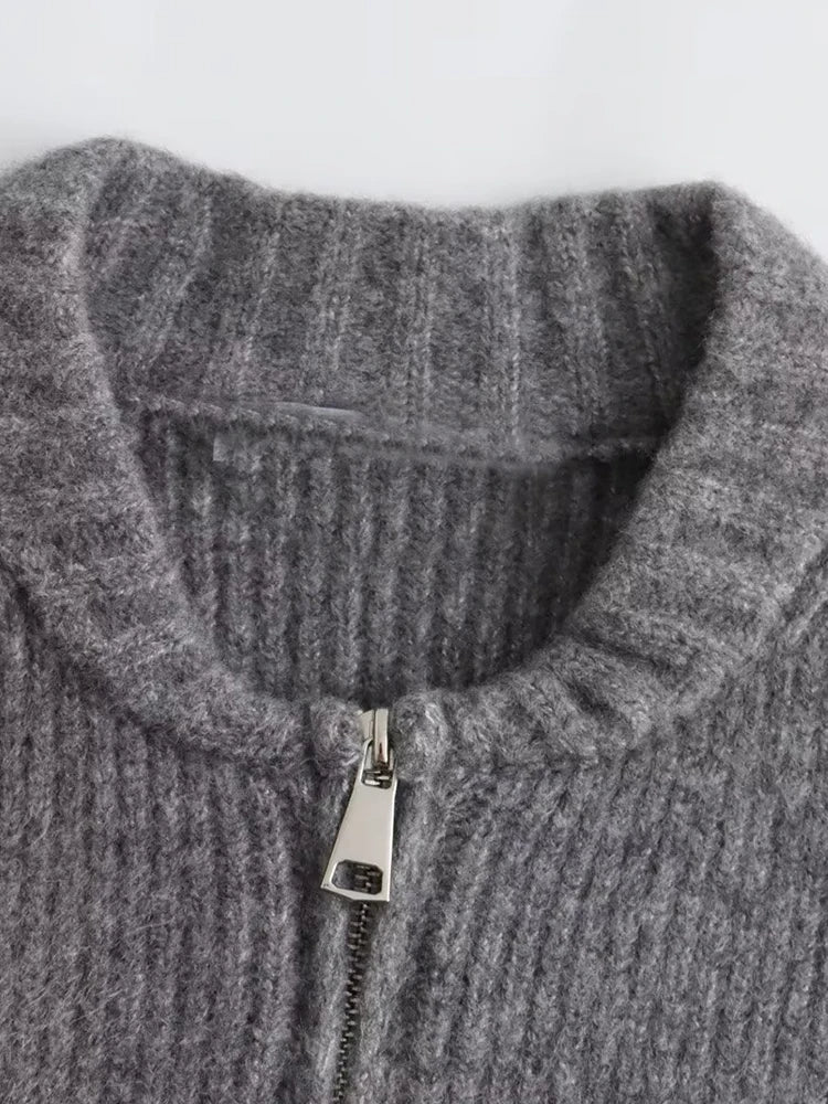 Knit Grey Zipper O-neck Long Sleeve Autumn Winter High Street Sweater