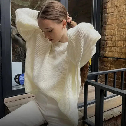 Casual Knitted Women Solid V-neck Long Sleeve Pullover Sweater