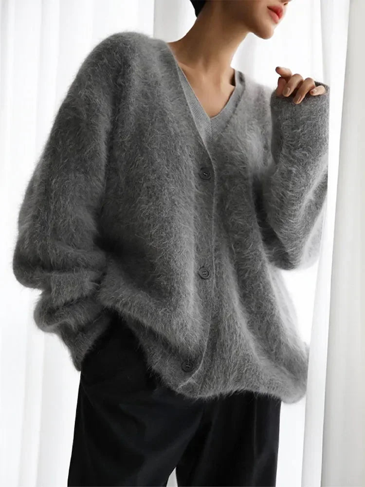 Knitted Thick Cashmere Wool Chic V Neck Single Breasted Long Sleeve Sweater