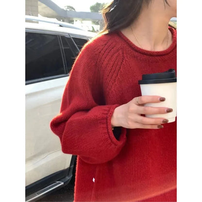 Korean Knitted Pullover Women O-neck Jumper Long Sleeve Autumn Winter Cozy Loose Stylish Chic Sweater