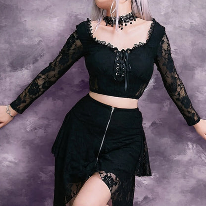 Sexy Lace Cropped Gothic Elegant Hollow Sleeve Retro Crop Top