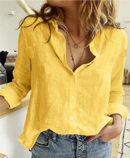 White Yellow Lapel Cardigan Oversized Shirt Blouse