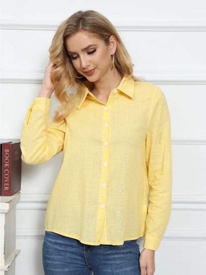 White Yellow Lapel Cardigan Oversized Shirt Blouse