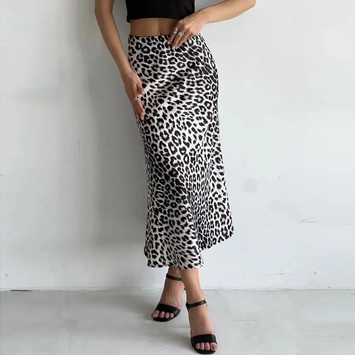 Leopard Printed Long Summer Elegant High Waist Satin Silk A-Line Skirt