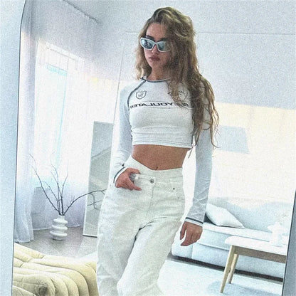 Printed Motorcycle Slim Fit Retro Tight Long Sleeve Crop Top