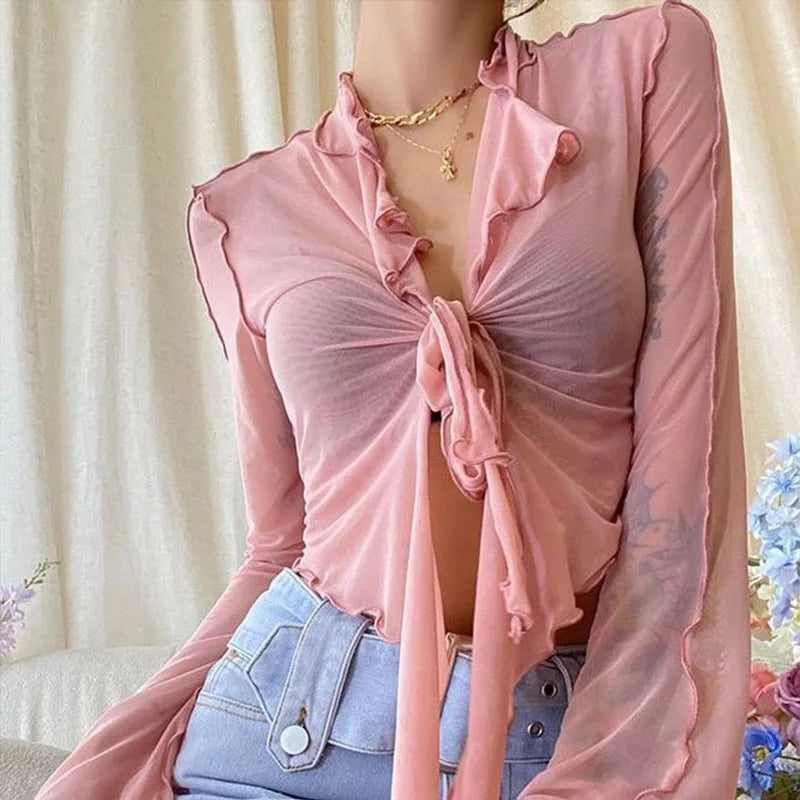 Long Flare Sleeve Lace-up Mesh Sexy Sweet Elegant Casual Blouse