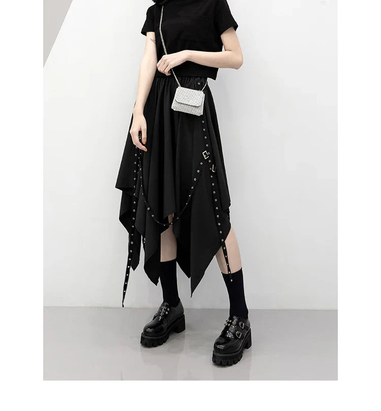 Skirt Long Irregular Y2k Wind Tie Weave Buckle Street Dark