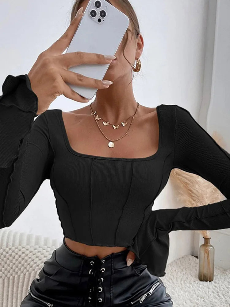 AMY FASHION - Long Sleeve Black Backless Sexy Y2K Knitted Crop Top