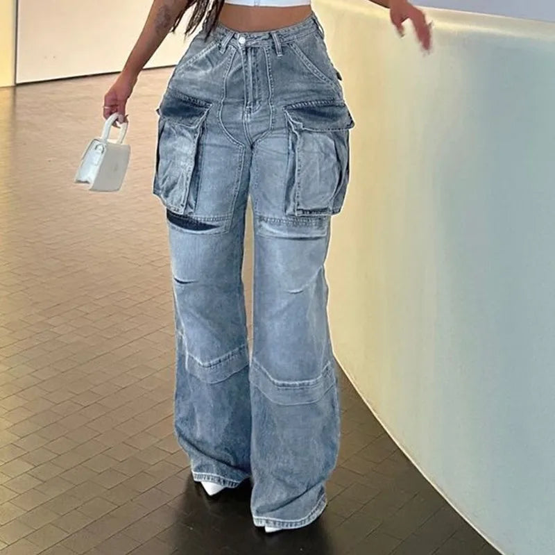 Amy Fashion - Loose Streetwear Summer Outfits 2024 Blue High Waist Casual Fashion Y2K Straight Cargo Denim Jean