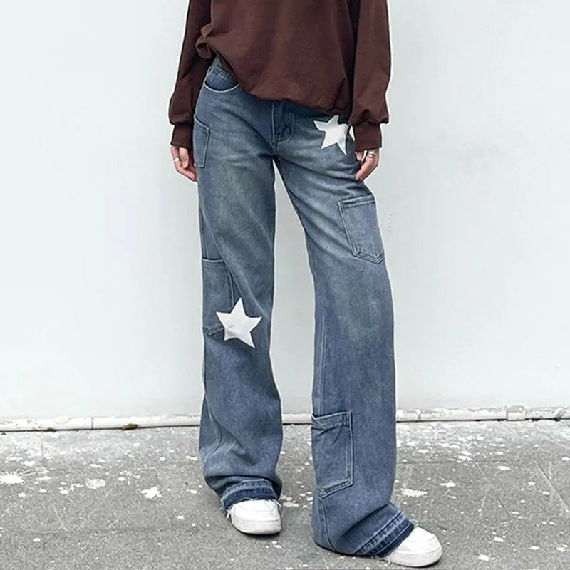 Amy Fashion - Low Rise Flared Retro Star Print Pockets Distressed Burr Y2K Streetwear Denim Jean