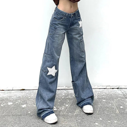 Amy Fashion - Low Rise Flared Retro Star Print Pockets Distressed Burr Y2K Streetwear Denim Jean